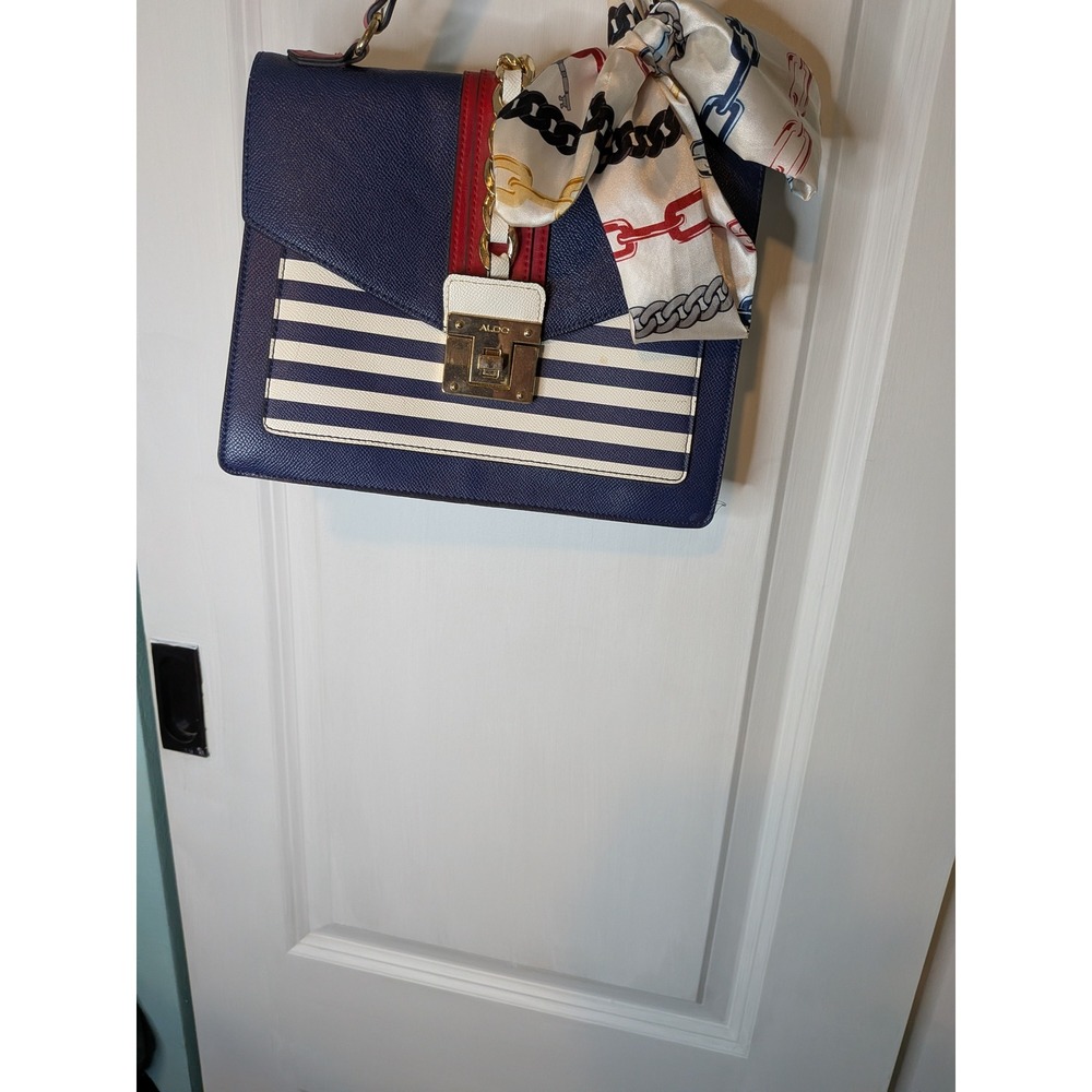 Aldo Navy Blue White Striped Satchel Bag Nautical Scarf Accent Gold Hardware